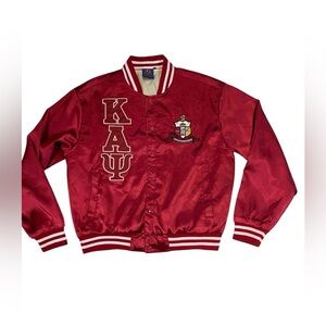Kappa Alpha Psi Red Satin Bomber Jacket w/Sewn Letters & Crest sz SMALL